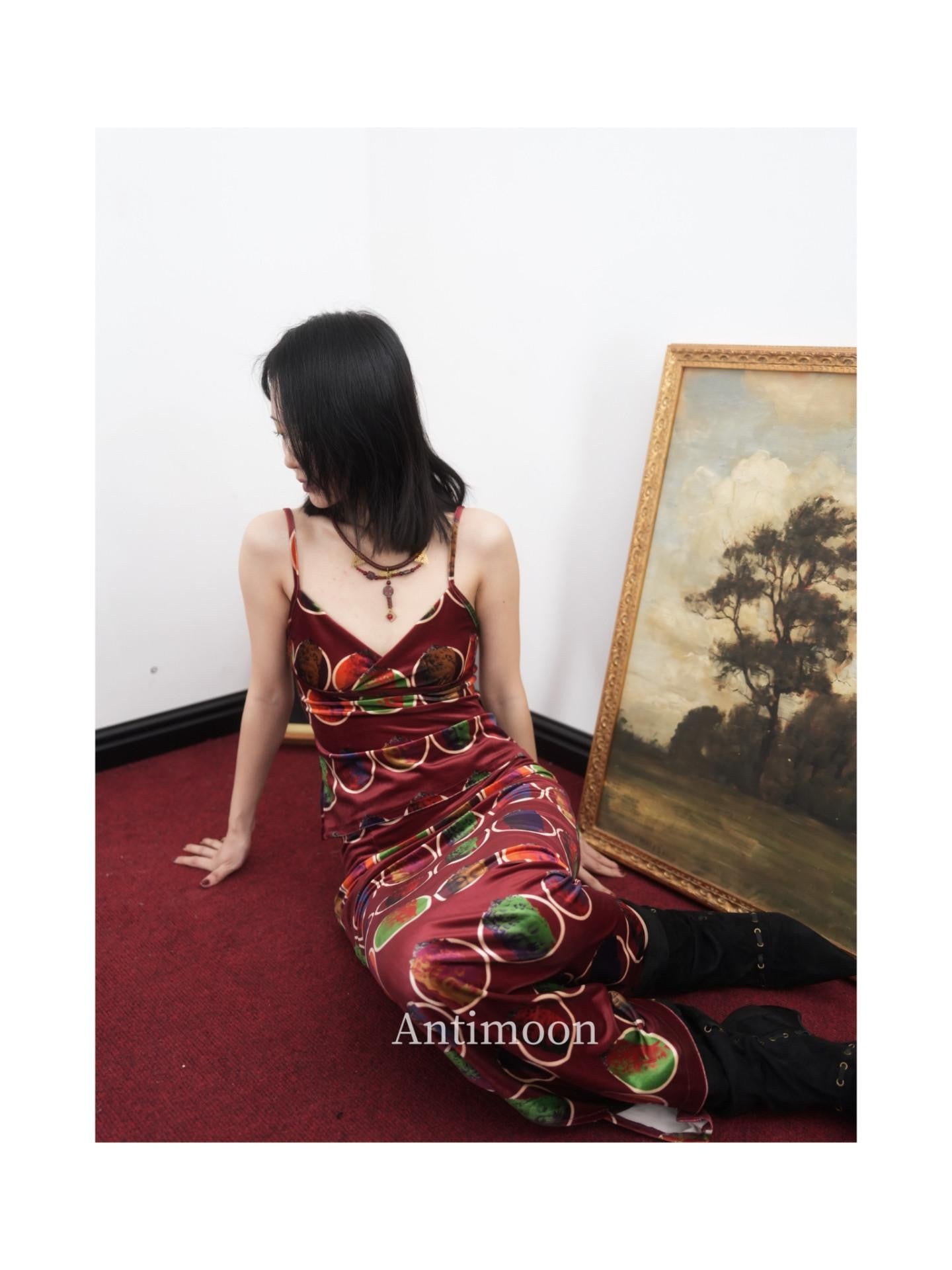 ANTIMOON Thousand Buddha Print Camisole Vintage Red Women's Velvet Matching Skirt Sets