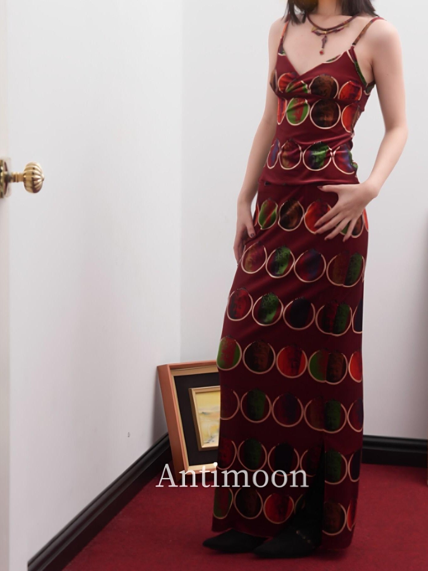 ANTIMOON Thousand Buddha Print Camisole Vintage Red Women's Velvet Matching Skirt Sets