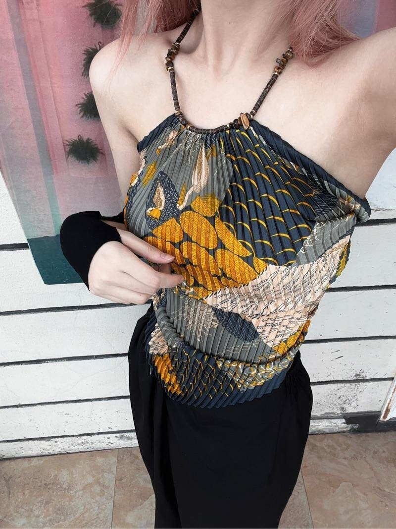 ANTIMOON_Tiger_Eye_Print_Pleated_Backless_Women's_Polyester_Halter_Tops_775507999769_MISSTT