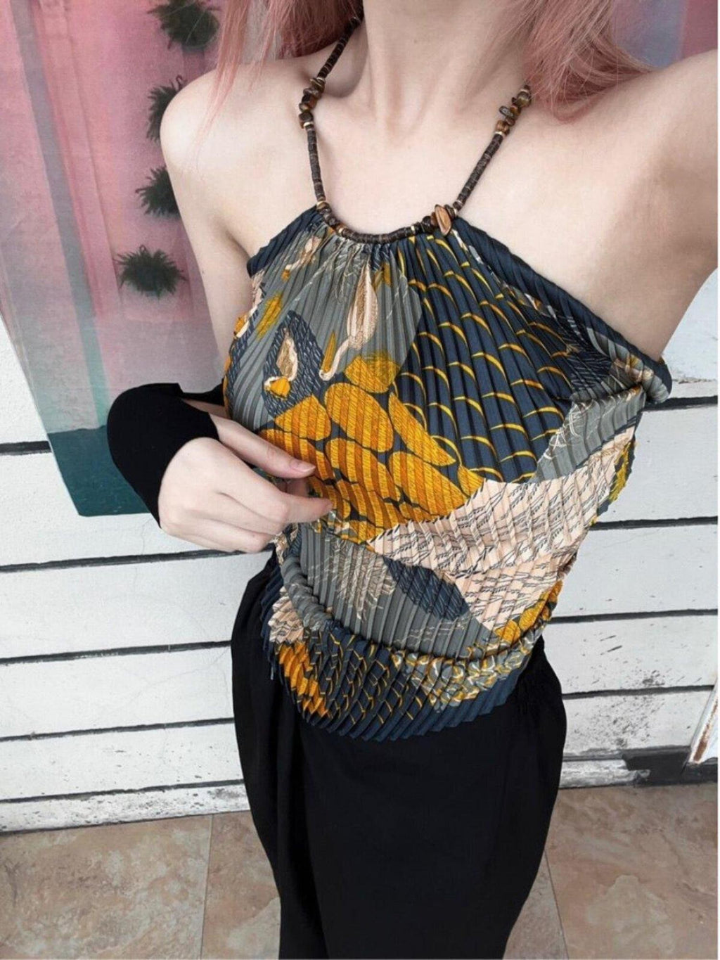ANTIMOON Tiger Eye Print Pleated Backless Women's Polyester Halter Tops