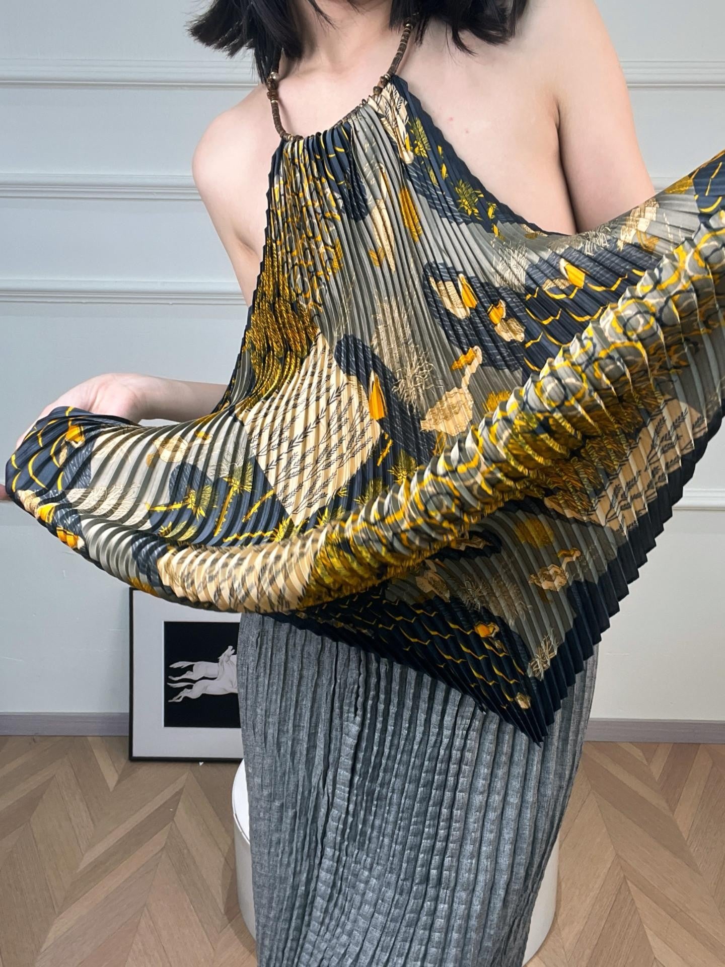 ANTIMOON Tiger Eye Print Pleated Backless Women's Polyester Halter Tops