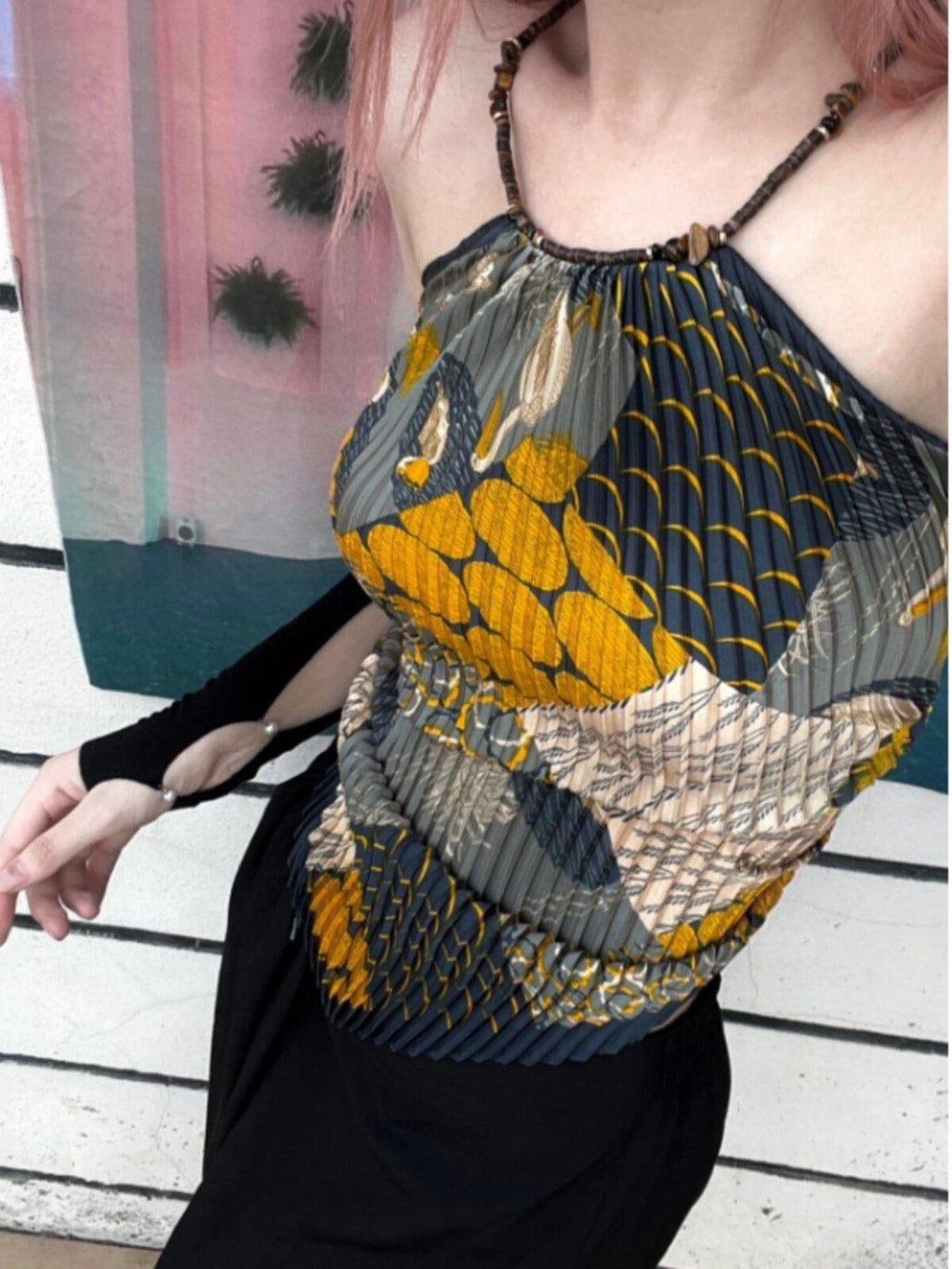 ANTIMOON Tiger Eye Print Pleated Backless Women's Polyester Halter Tops