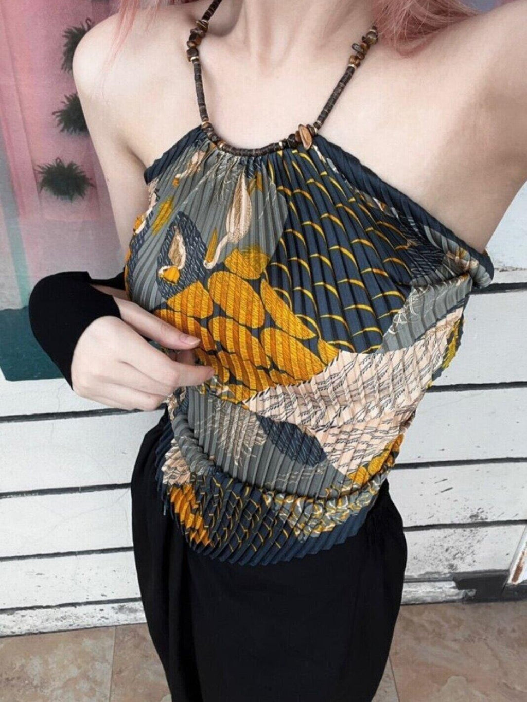 ANTIMOON Tiger Eye Print Pleated Backless Women's Polyester Halter Tops