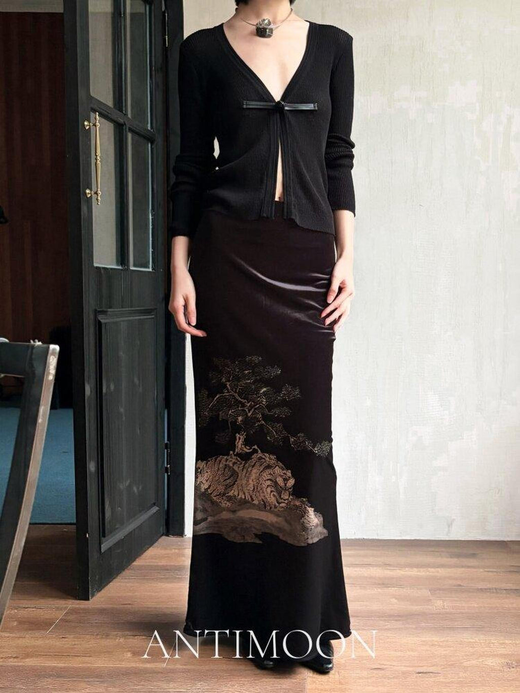 ANTIMOON Tiger Print Pleated High Waist Pencil Women's Velvet Midi Skirts