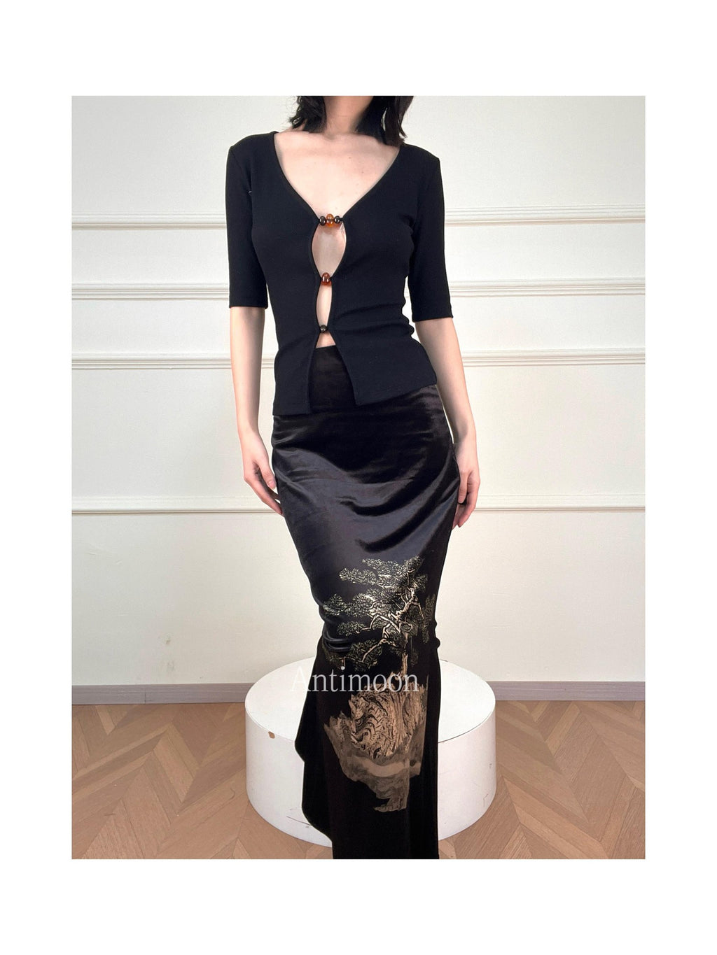 ANTIMOON Tiger Print Pleated High Waist Pencil Women's Velvet Midi Skirts