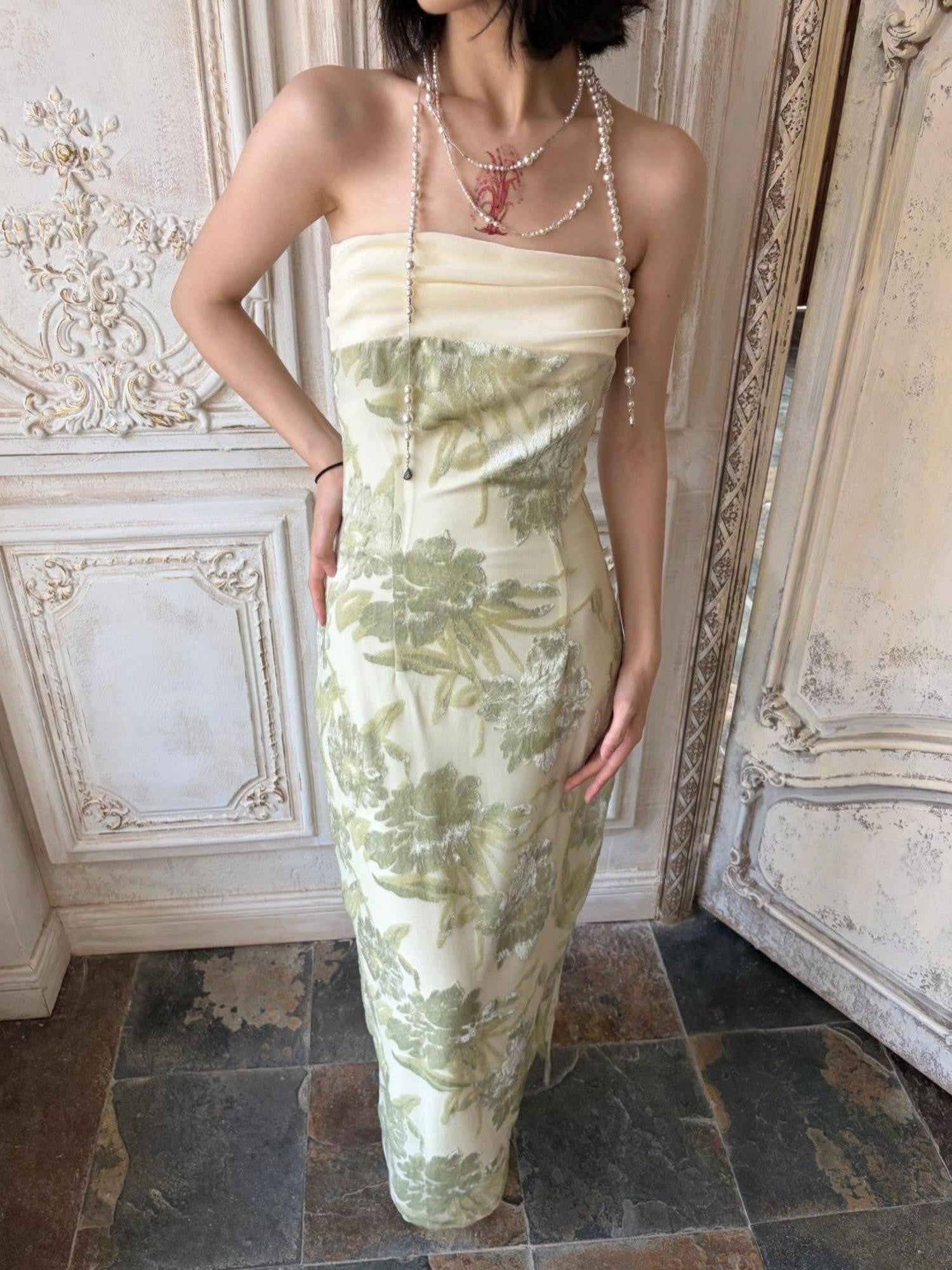 ANTIMOON Tube Top Print Vintage Slim Fit Women's Polyester Cheongsam Dresses