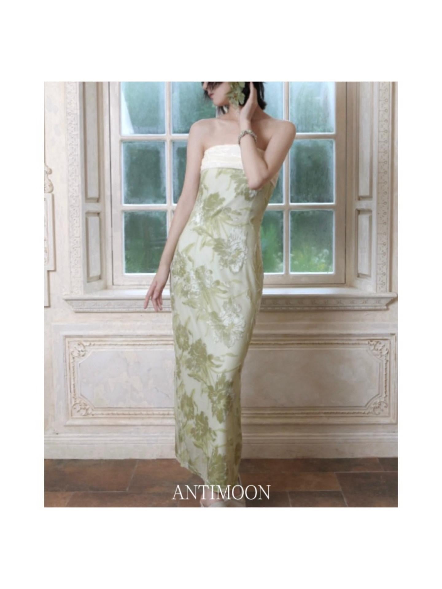ANTIMOON Tube Top Print Vintage Slim Fit Women's Polyester Cheongsam Dresses