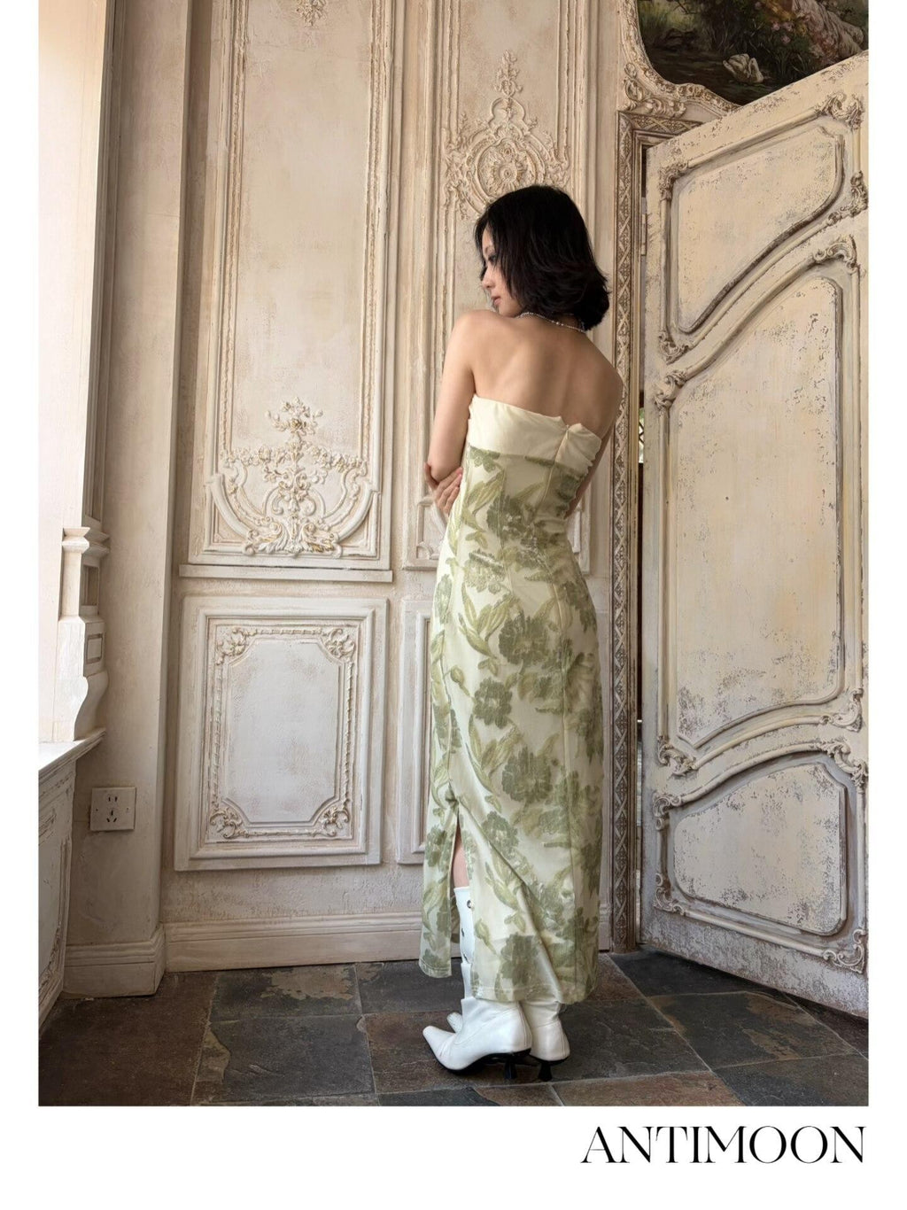 ANTIMOON Tube Top Print Vintage Slim Fit Women's Polyester Cheongsam Dresses