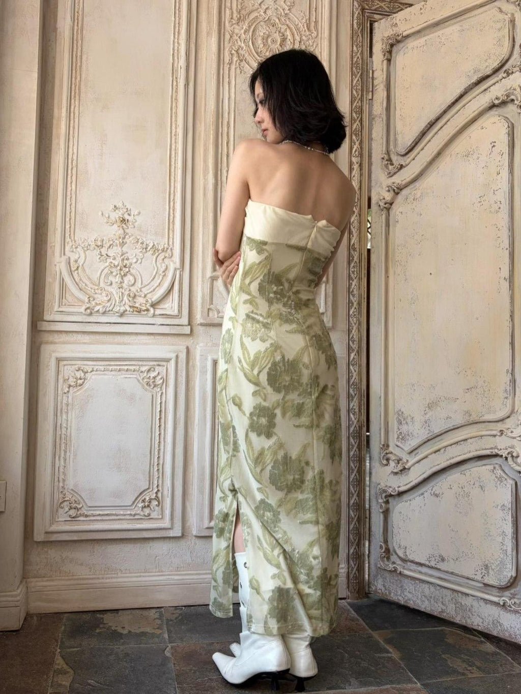 ANTIMOON Tube Top Print Vintage Slim Fit Women's Polyester Cheongsam Dresses