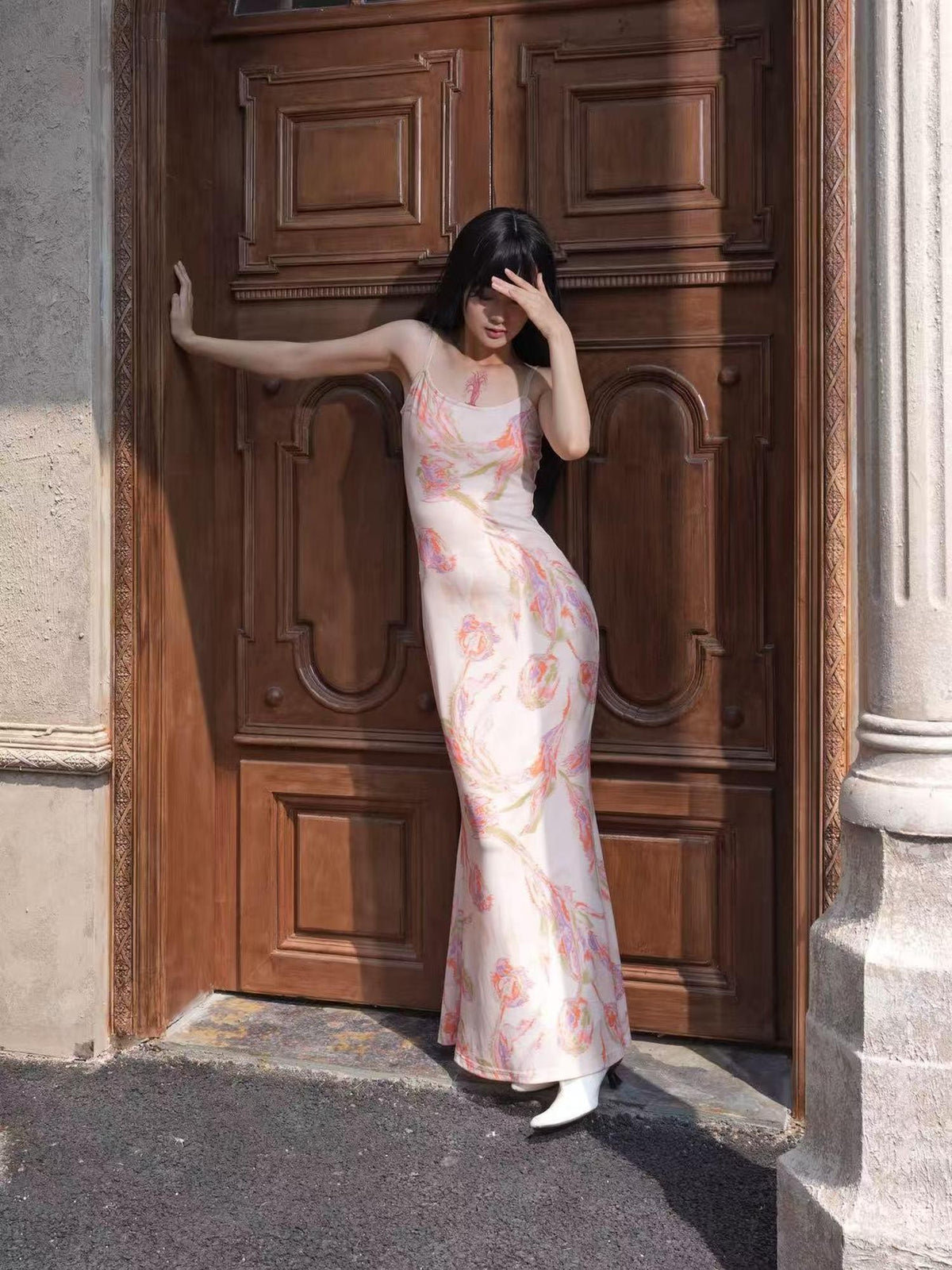 ANTIMOON Tulip Print French Vacation Art Print Slip Women's Polyester Bodycon Maxi Dresses