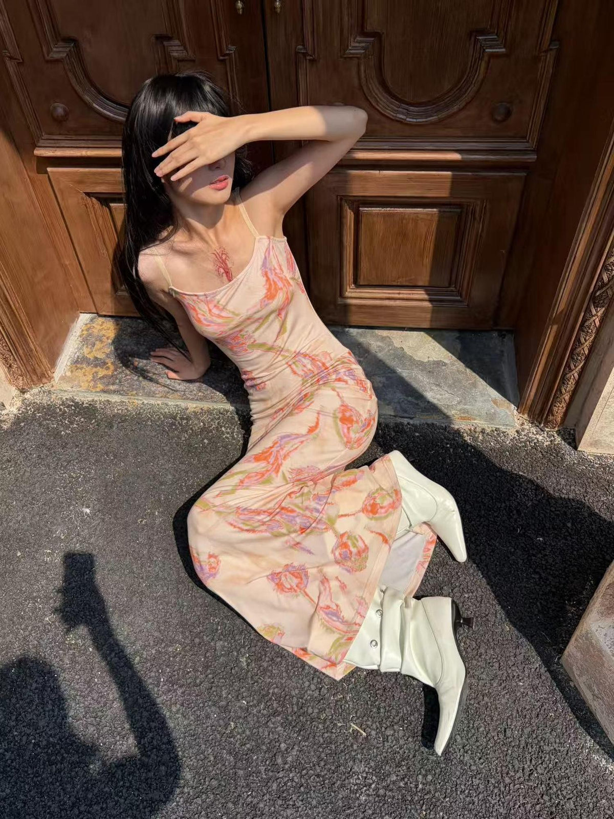 ANTIMOON Tulip Print French Vacation Art Print Slip Women's Polyester Bodycon Maxi Dresses