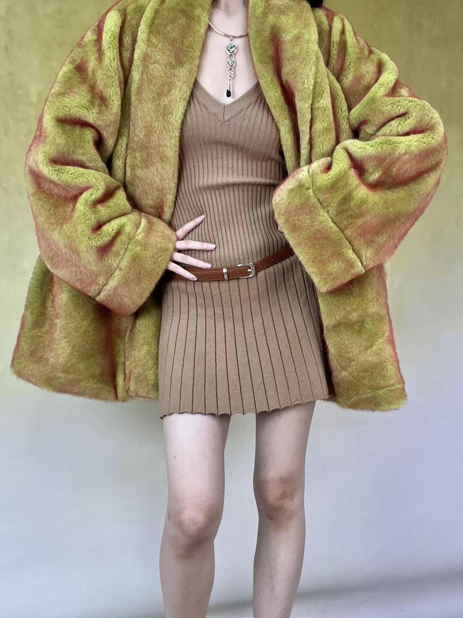 ANTIMOON Tundra Green Thick Plush Medieval Women's Imitation Mink Faux Fur Coats