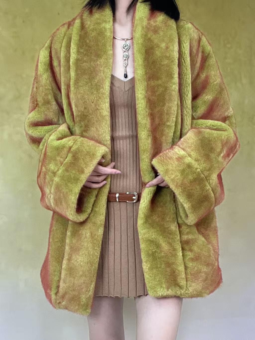 ANTIMOON Tundra Green Thick Plush Medieval Women's Imitation Mink Faux Fur Coats