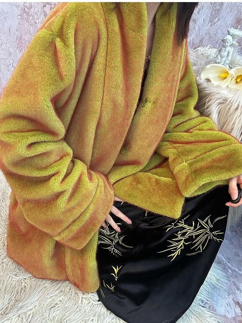 ANTIMOON Tundra Green Thick Plush Medieval Women's Imitation Mink Faux Fur Coats