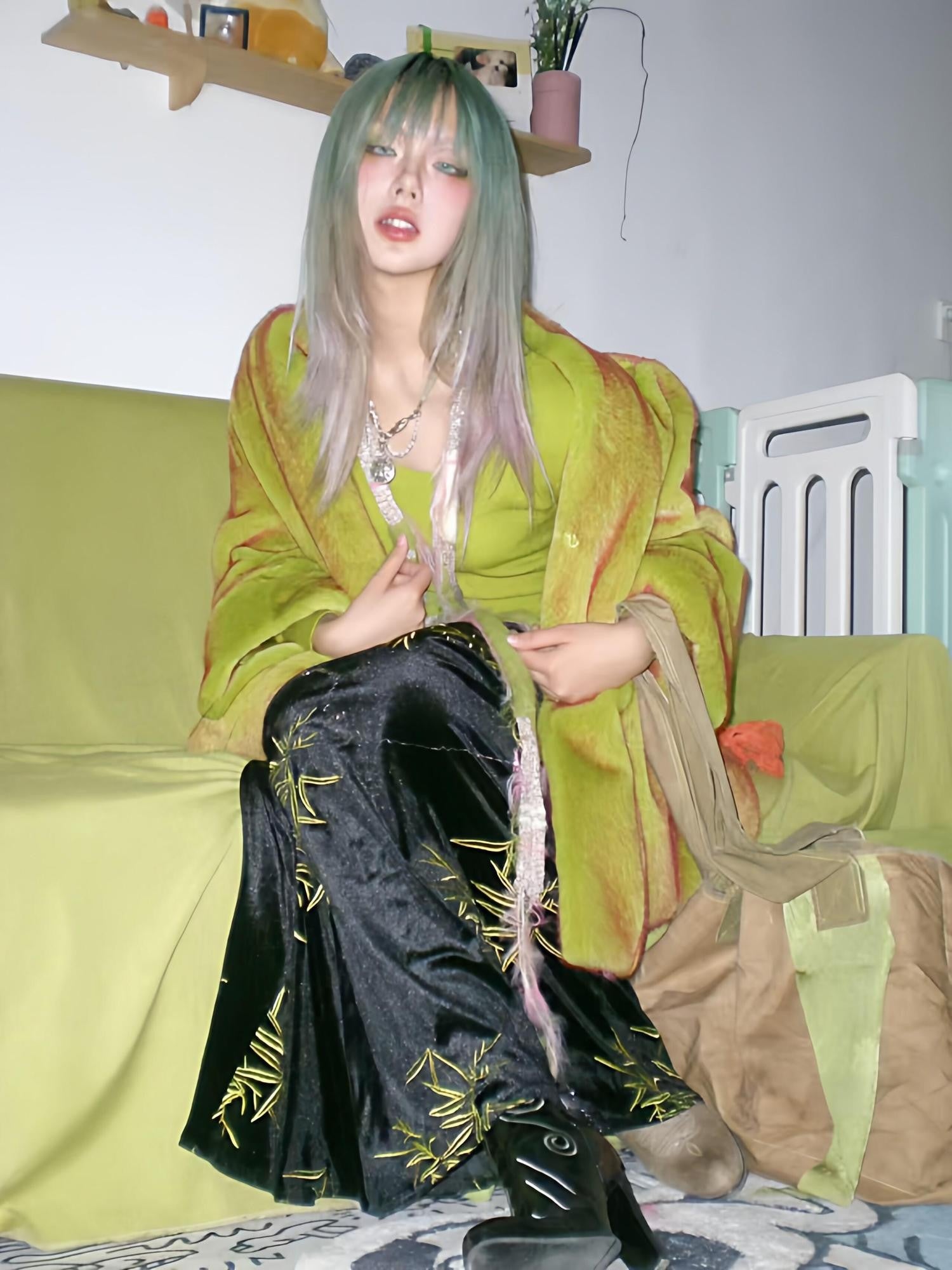ANTIMOON Tundra Green Thick Plush Medieval Women's Imitation Mink Faux Fur Coats