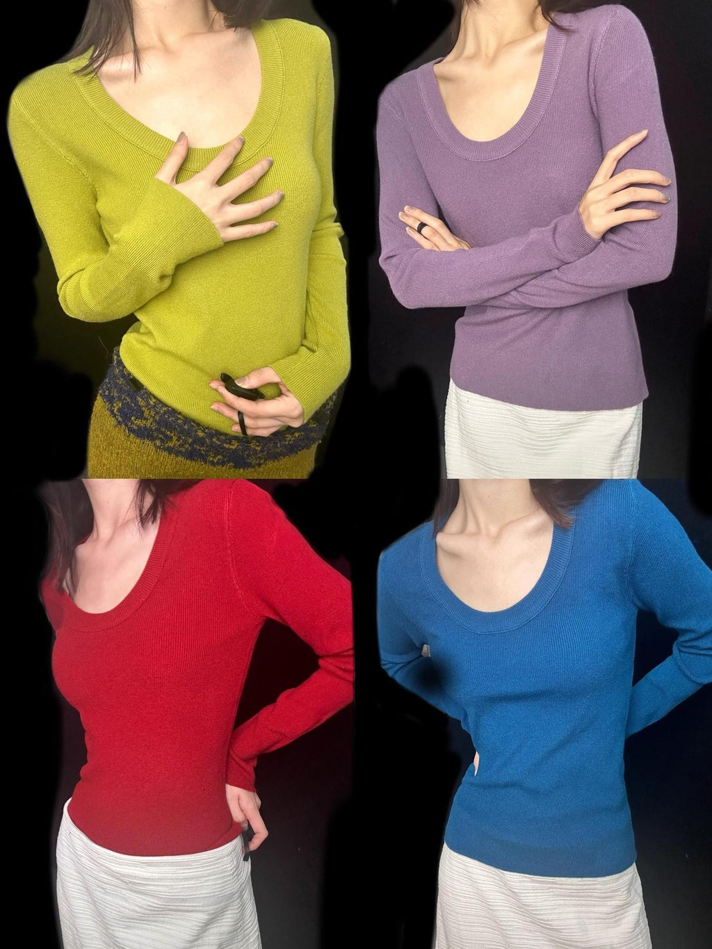 ANTIMOON U Neck Fine Knit Slim Fit Women's Wool Blend Long Sleeve T-shirts