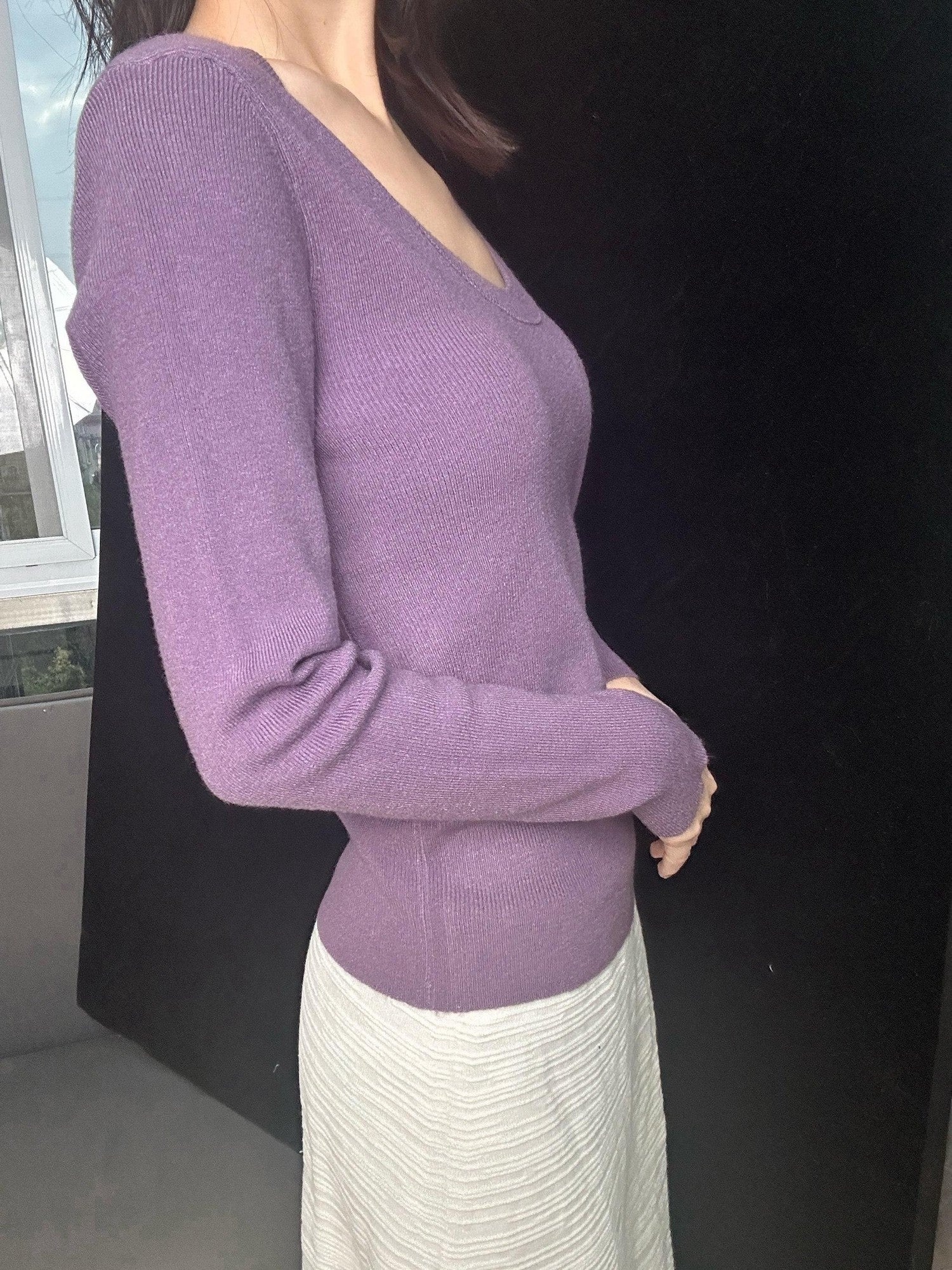 ANTIMOON U Neck Fine Knit Slim Fit Women's Wool Blend Long Sleeve T-shirts