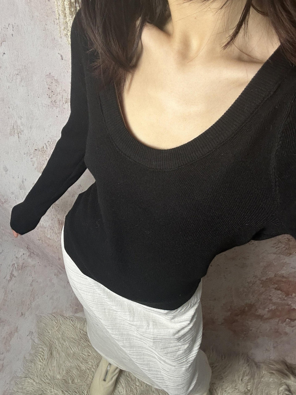 ANTIMOON U Neck Fine Knit Slim Fit Women's Wool Blend Long Sleeve T-shirts