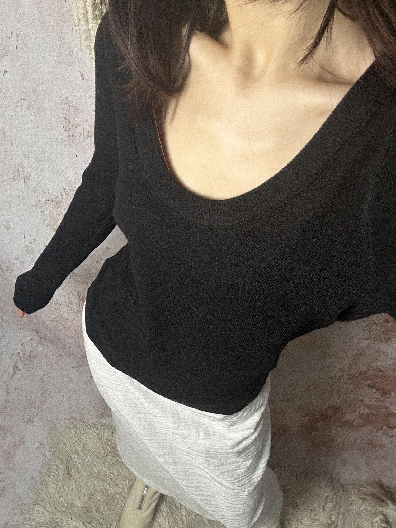 ANTIMOON U Neck Fine Knit Slim Fit Women's Wool Blend Long Sleeve T-shirts