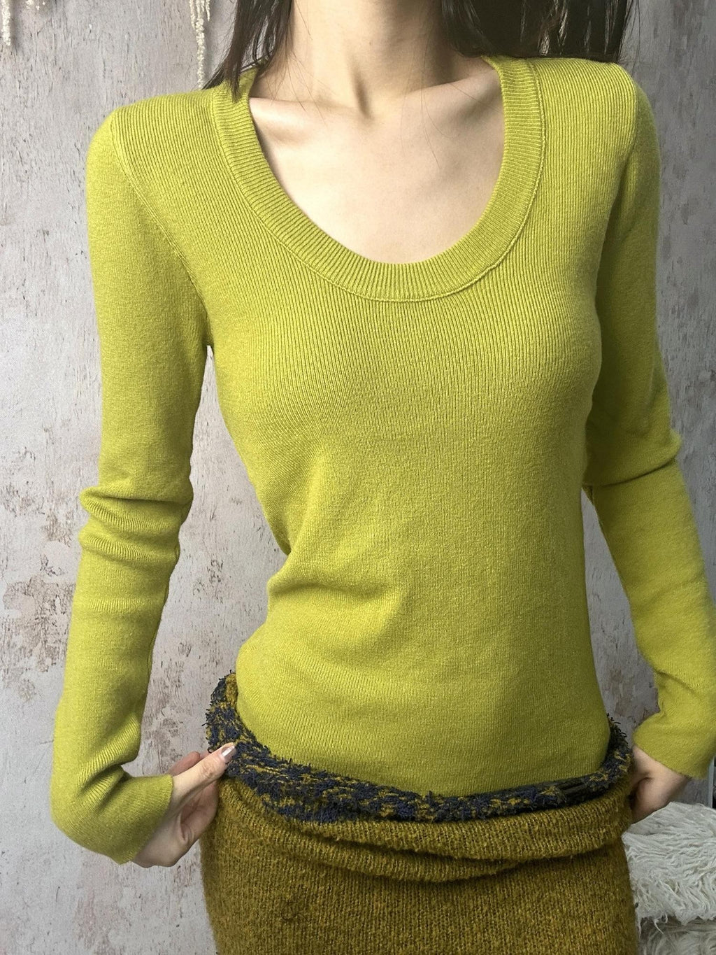 ANTIMOON U Neck Fine Knit Slim Fit Women's Wool Blend Long Sleeve T-shirts