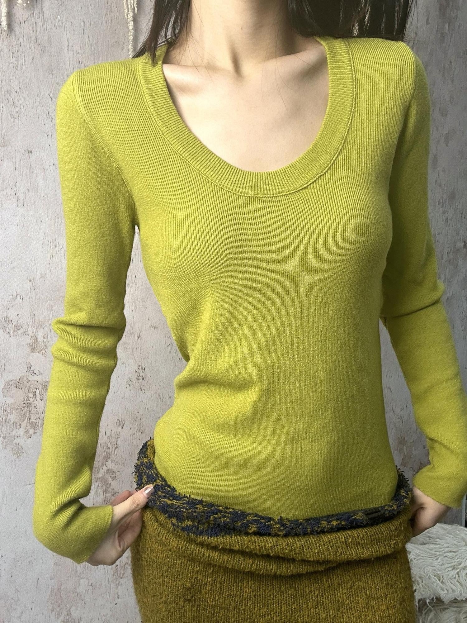 ANTIMOON U Neck Fine Knit Slim Fit Women's Wool Blend Long Sleeve T-shirts