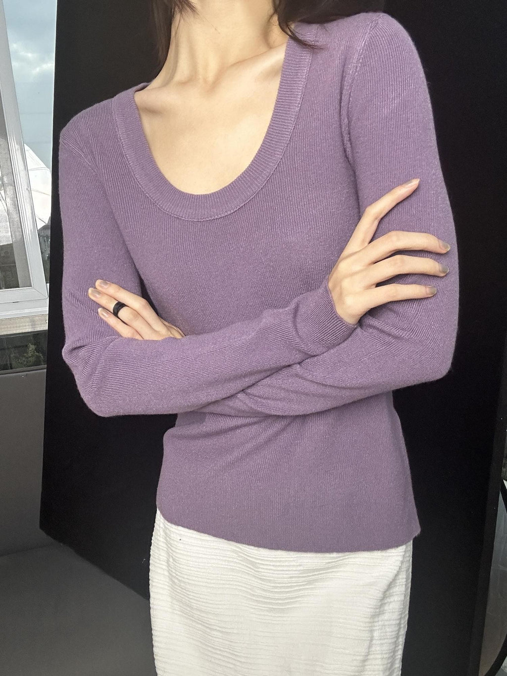 ANTIMOON U Neck Fine Knit Slim Fit Women's Wool Blend Long Sleeve T-shirts