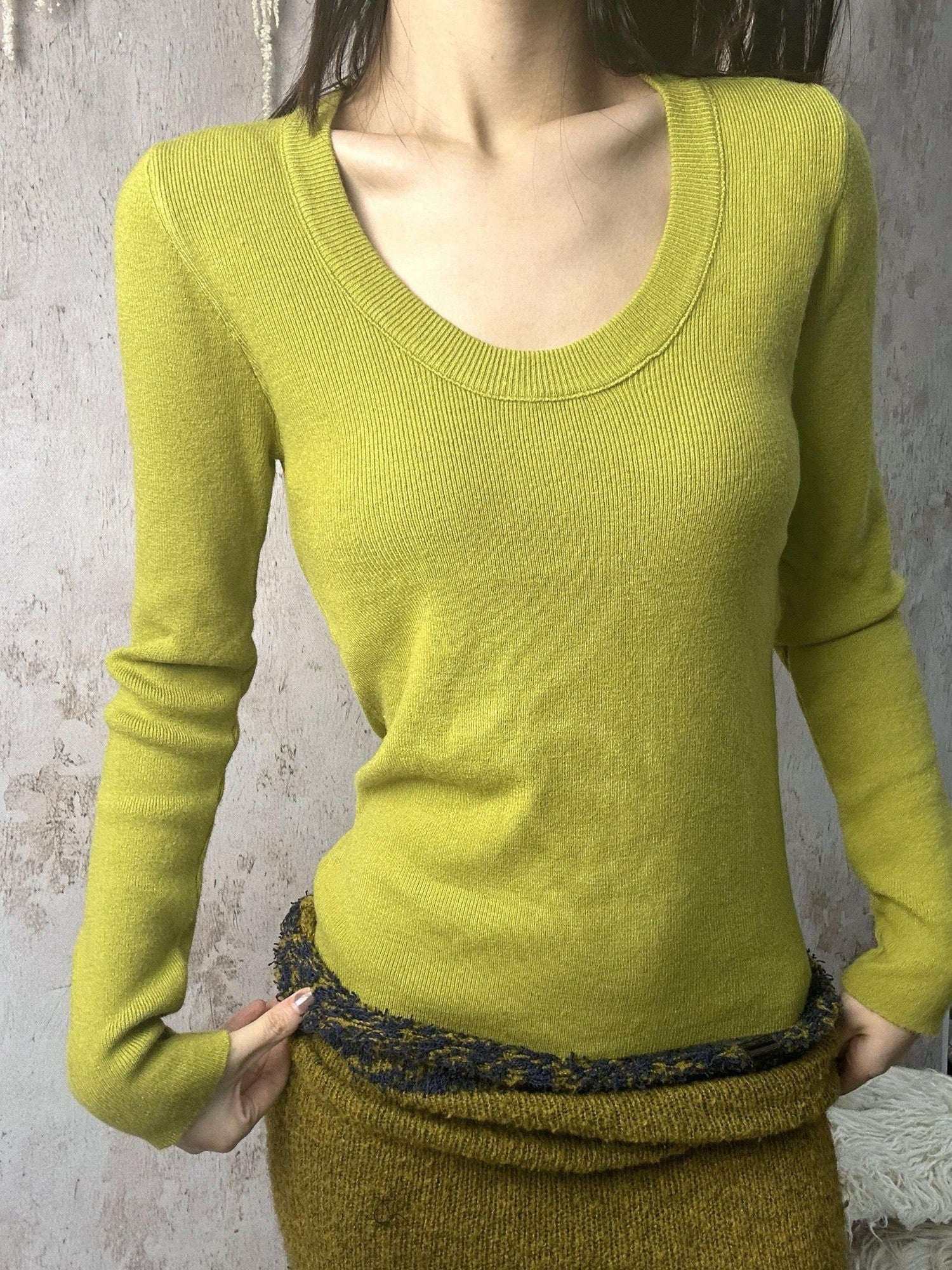 ANTIMOON U Neck Fine Knit Slim Fit Women's Wool Blend Long Sleeve T-shirts