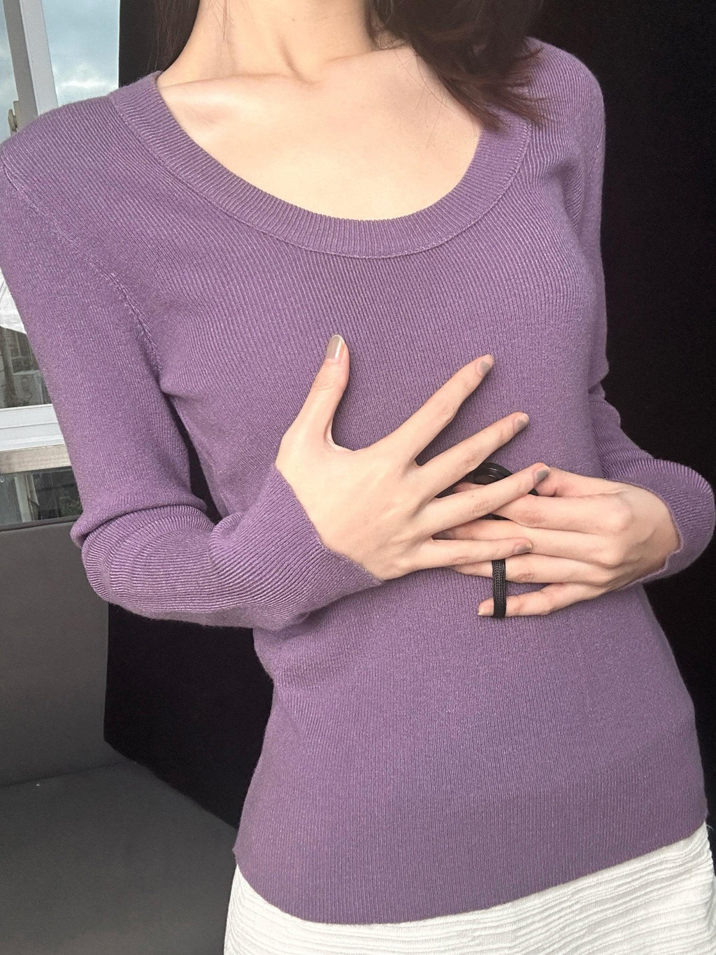 ANTIMOON U Neck Fine Knit Slim Fit Women's Wool Blend Long Sleeve T-shirts