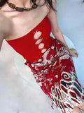 ANTIMOON Vermilion Dragon Vintage Print Mesh High Waisted Women's Polyester Maxi Skirts