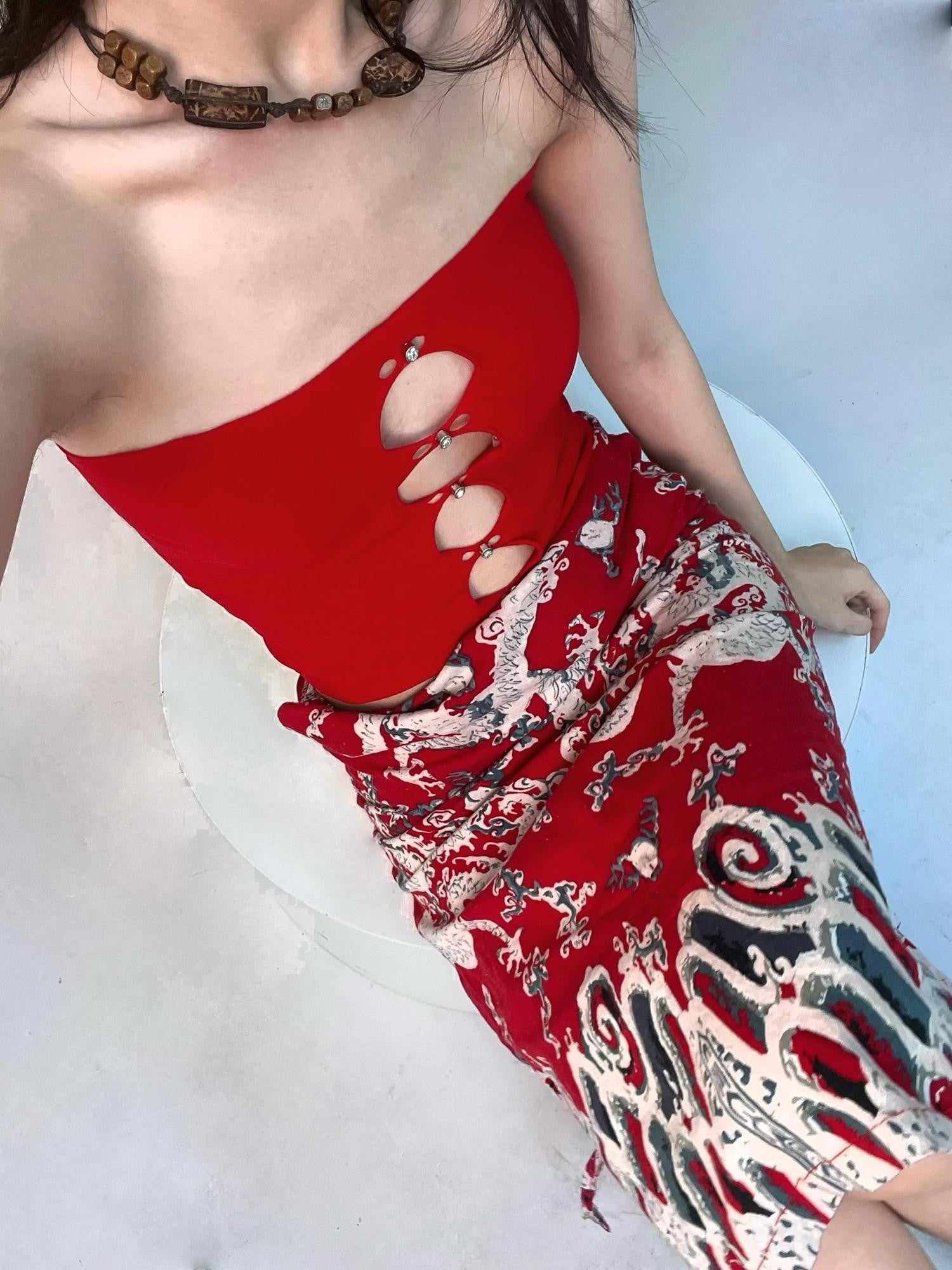ANTIMOON Vermilion Dragon Vintage Print Mesh High Waisted Women's Polyester Maxi Skirts