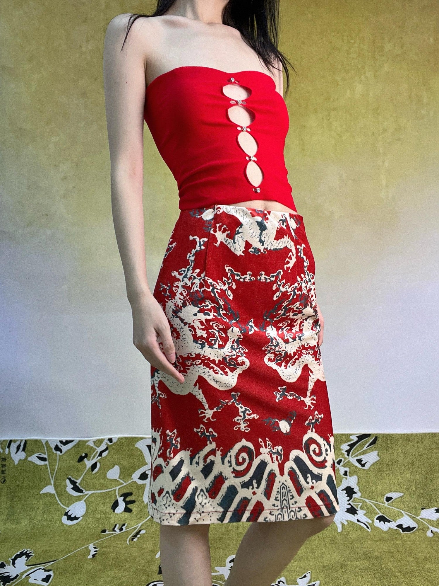ANTIMOON Vermilion Dragon Vintage Print Mesh High Waisted Women's Polyester Maxi Skirts