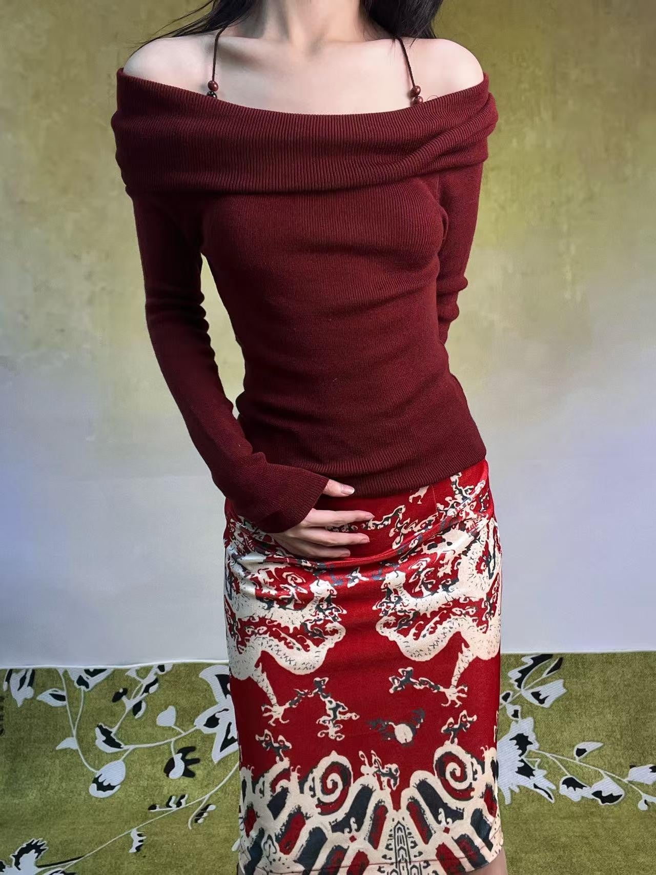 ANTIMOON Vermilion Dragon Vintage Print Mesh High Waisted Women's Polyester Maxi Skirts