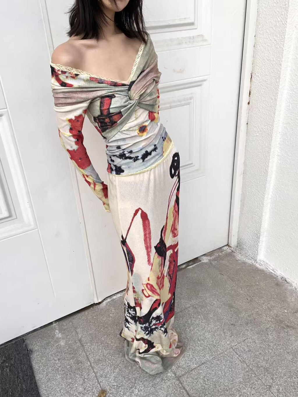 ANTIMOON Vintage Lady Print Knit V-neck High Waist A Line Women's Boho Maxi Dresses