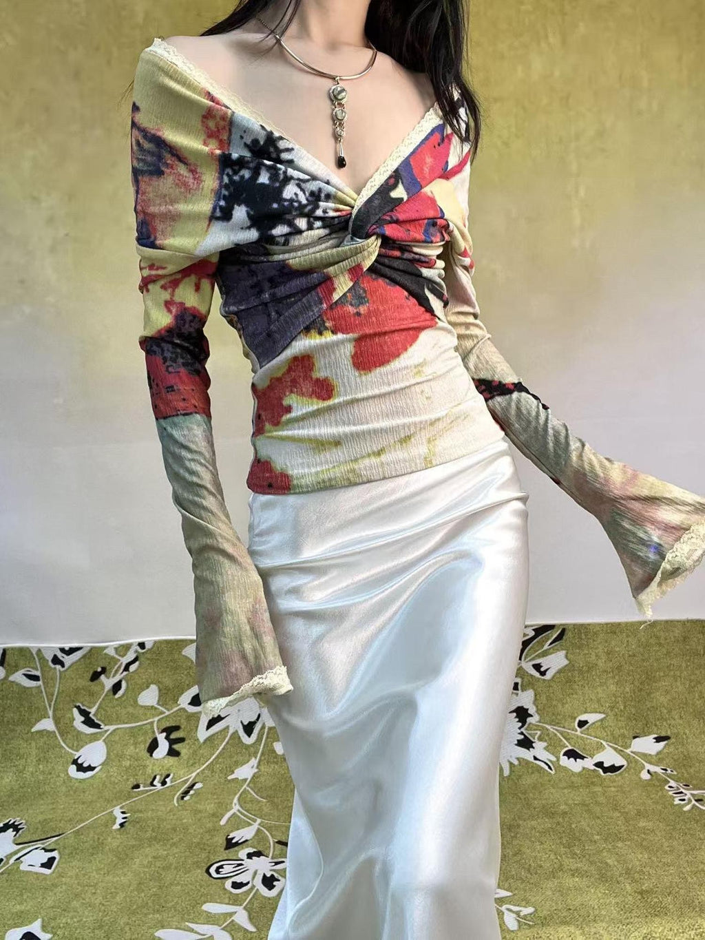 ANTIMOON Vintage Lady Print Knit V-neck High Waist A Line Women's Boho Maxi Dresses