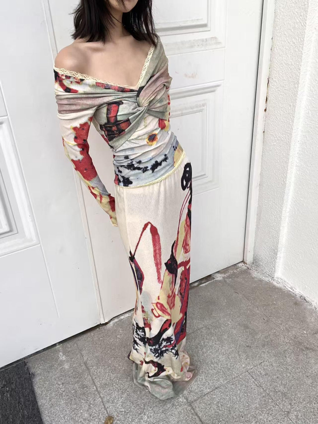ANTIMOON Vintage Lady Print Knit V-neck High Waist A Line Women's Boho Maxi Dresses