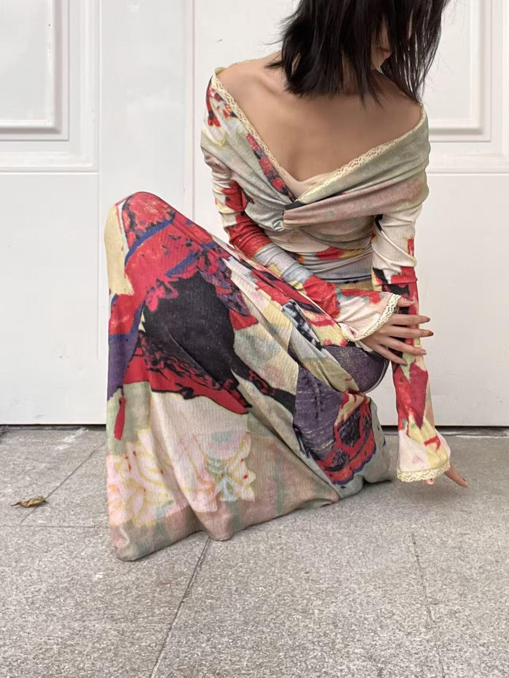ANTIMOON Vintage Lady Print Knit V-neck High Waist A Line Women's Boho Maxi Dresses