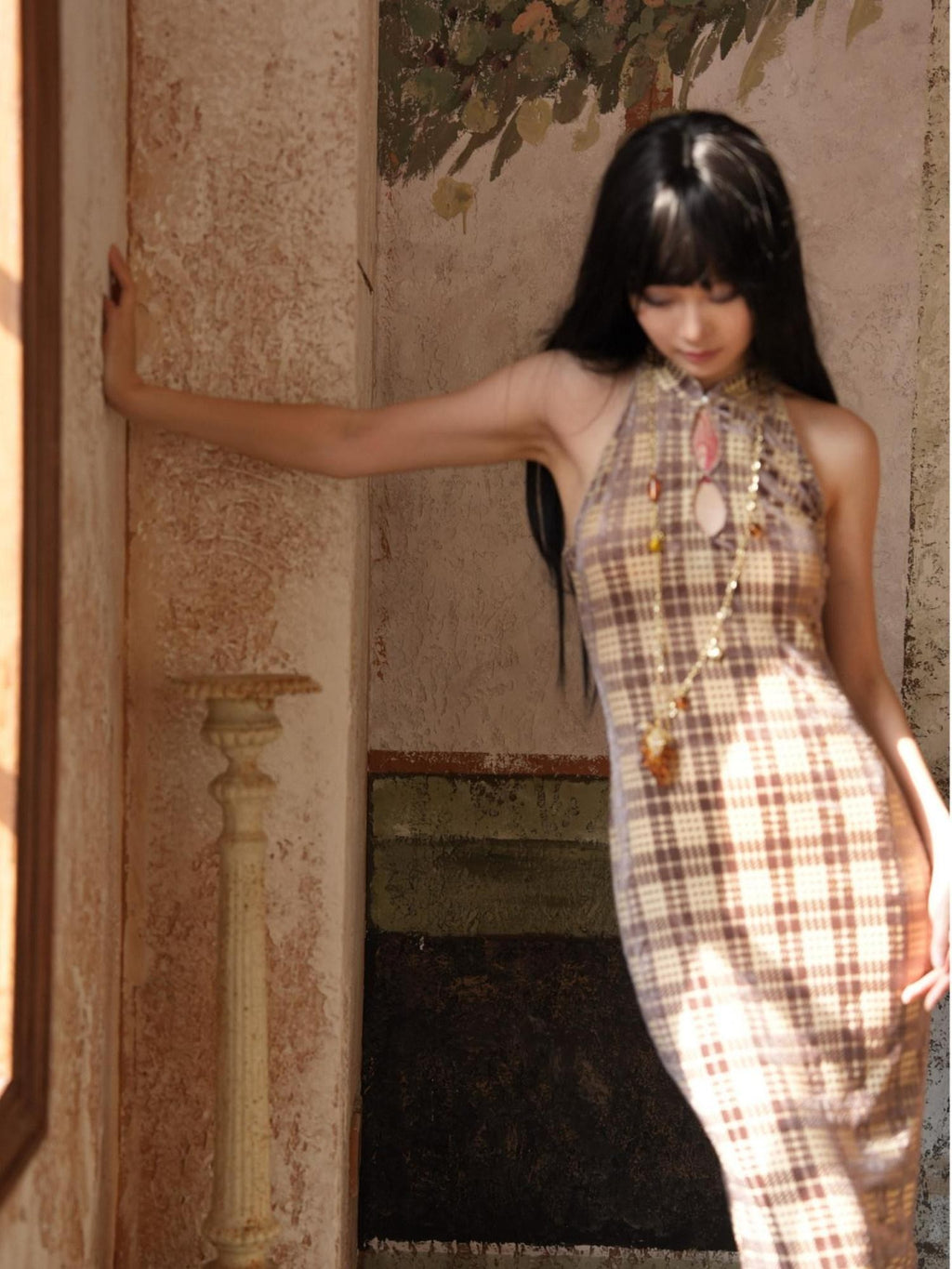 ANTIMOON Vintage Plaid Cheongsam Slim Women's Stretch Polyester Blend Halter Maxi Dresses