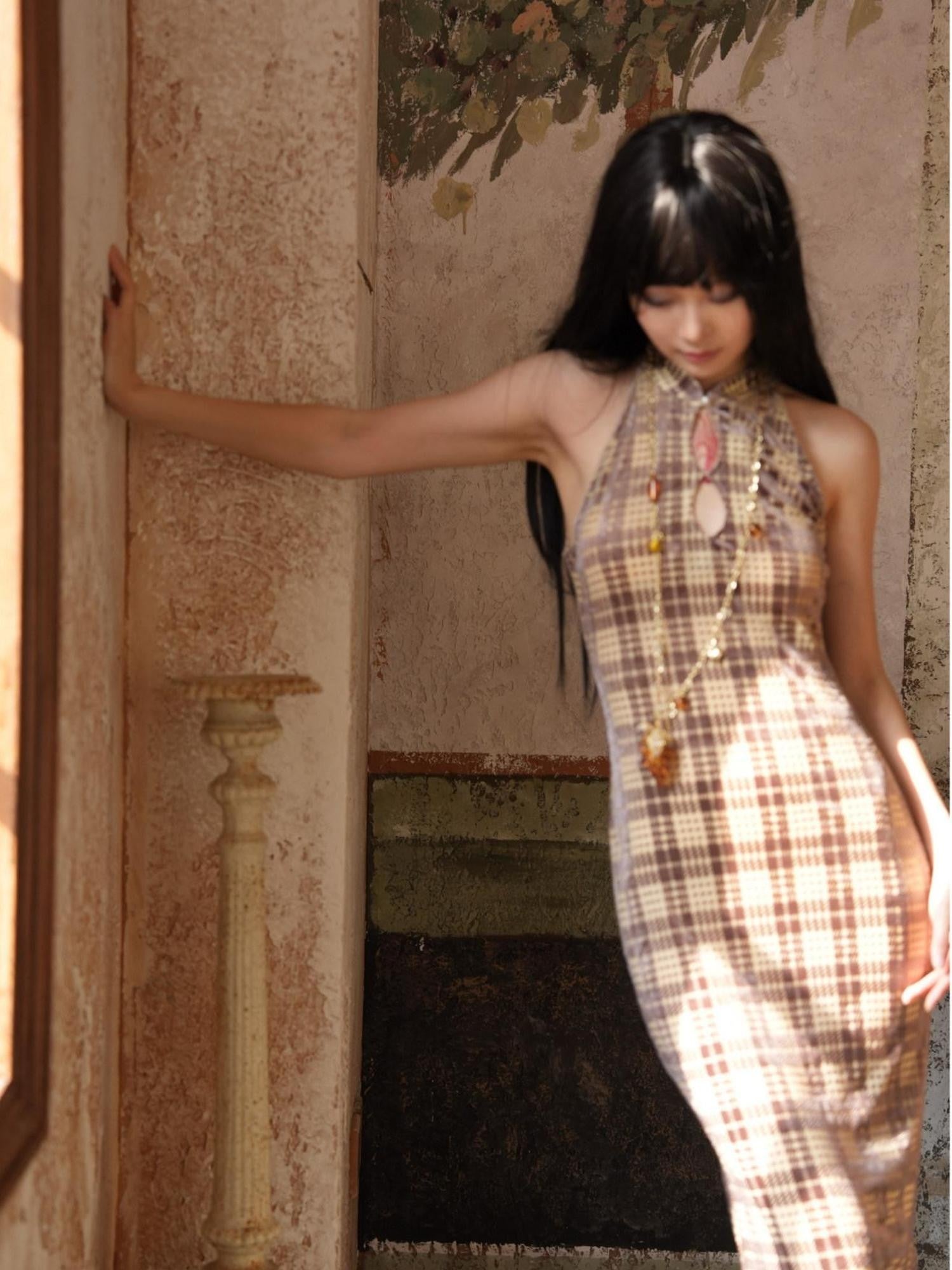 ANTIMOON Vintage Plaid Cheongsam Slim Women's Stretch Polyester Blend Halter Maxi Dresses