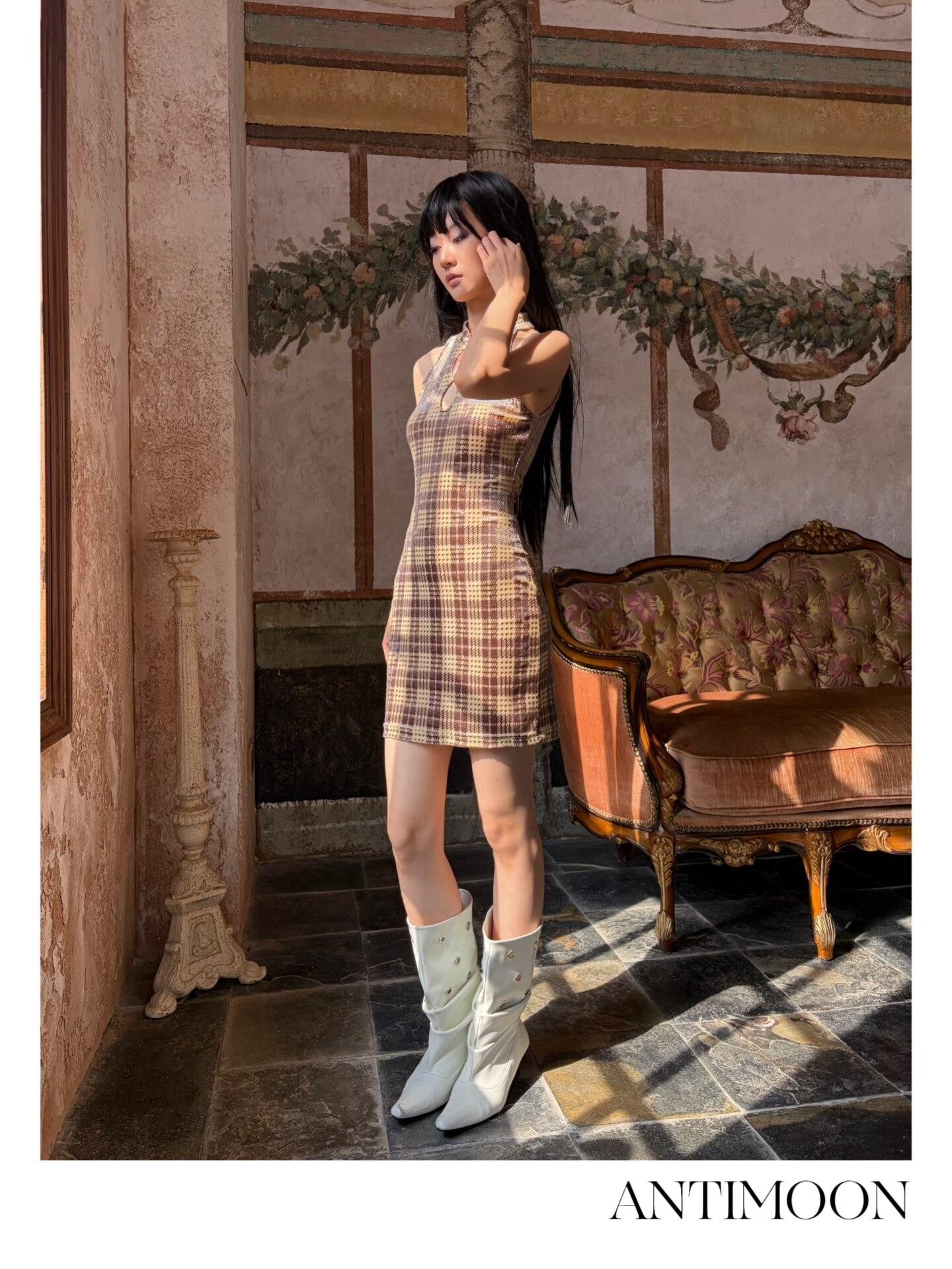 ANTIMOON Vintage Plaid Cheongsam Slim Women's Stretch Polyester Blend Halter Maxi Dresses