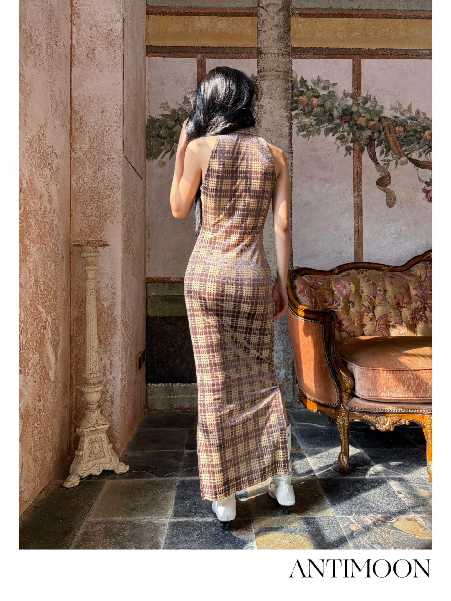 ANTIMOON Vintage Plaid Cheongsam Slim Women's Stretch Polyester Blend Halter Maxi Dresses