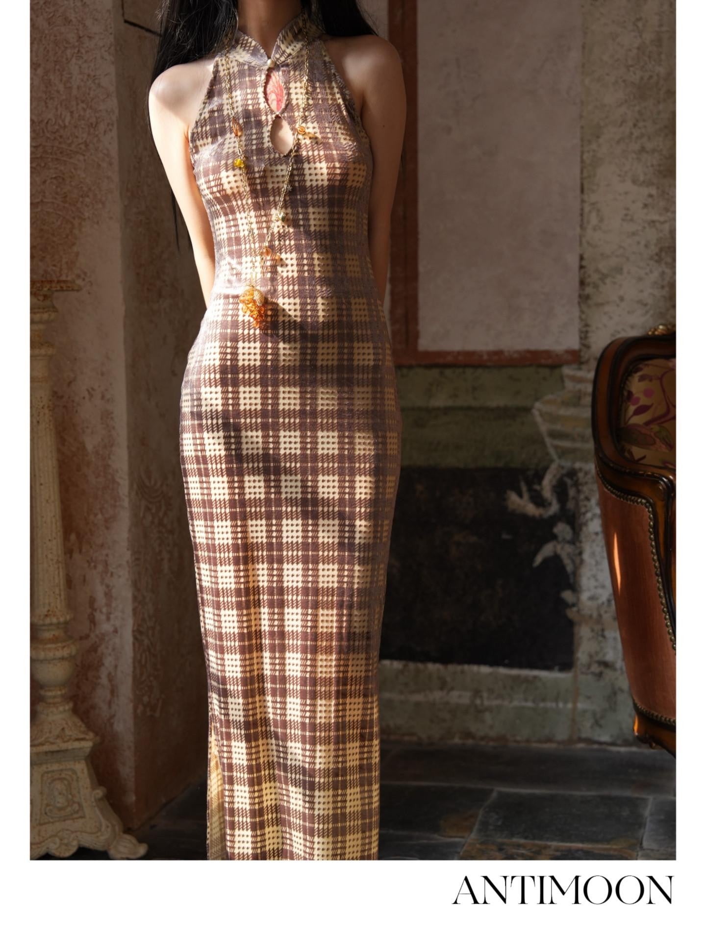 ANTIMOON Vintage Plaid Cheongsam Slim Women's Stretch Polyester Blend Halter Maxi Dresses