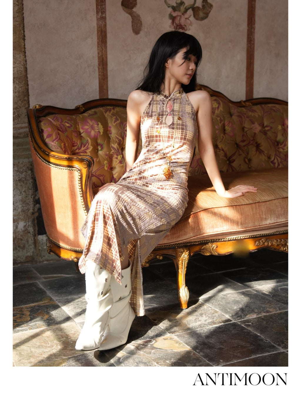 ANTIMOON Vintage Plaid Cheongsam Slim Women's Stretch Polyester Blend Halter Maxi Dresses