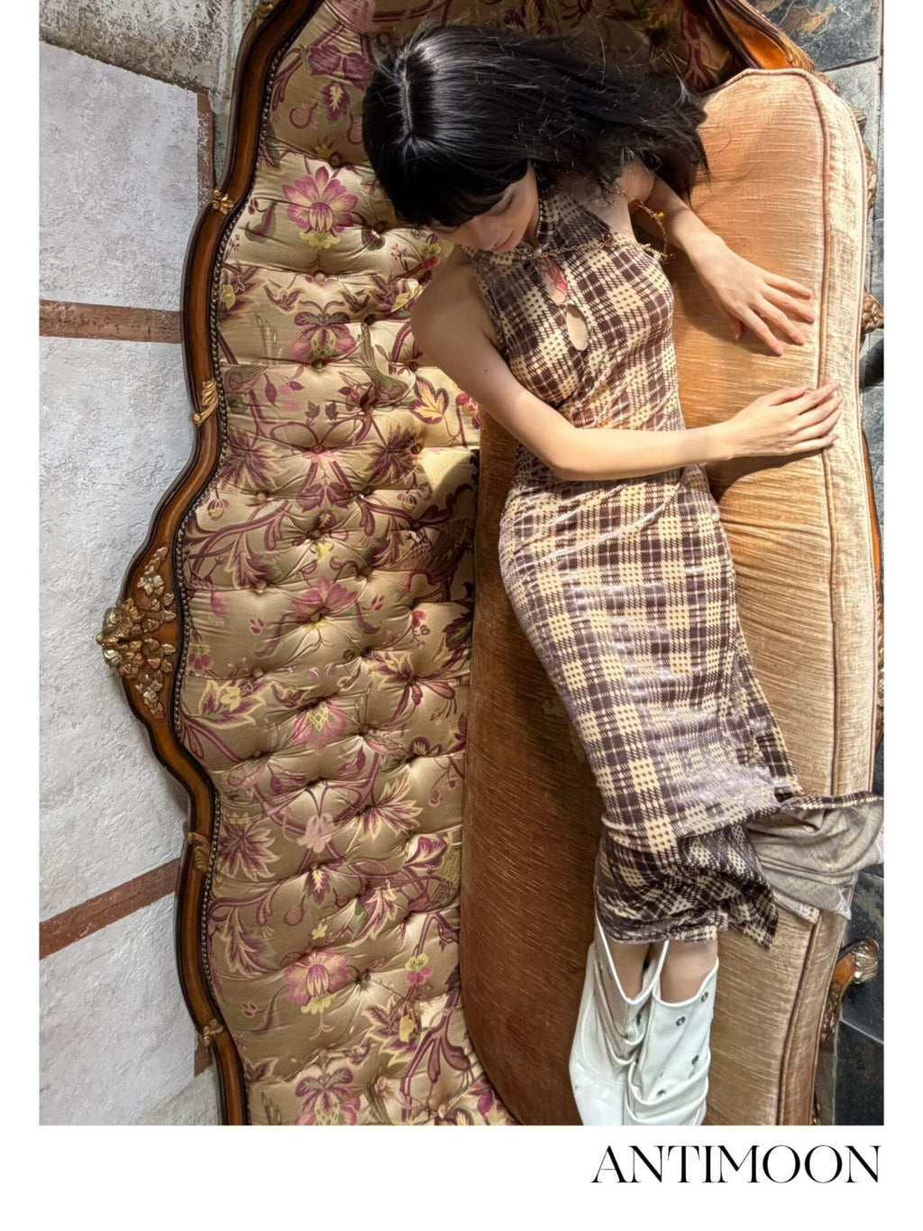 ANTIMOON Vintage Plaid Cheongsam Slim Women's Stretch Polyester Blend Halter Maxi Dresses