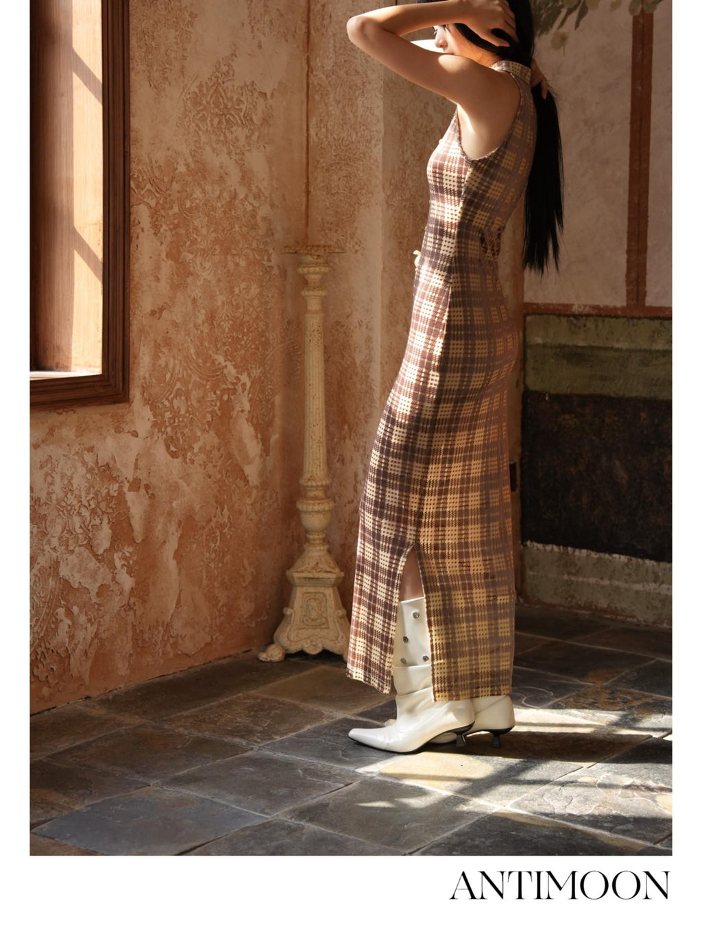 ANTIMOON Vintage Plaid Cheongsam Slim Women's Stretch Polyester Blend Halter Maxi Dresses