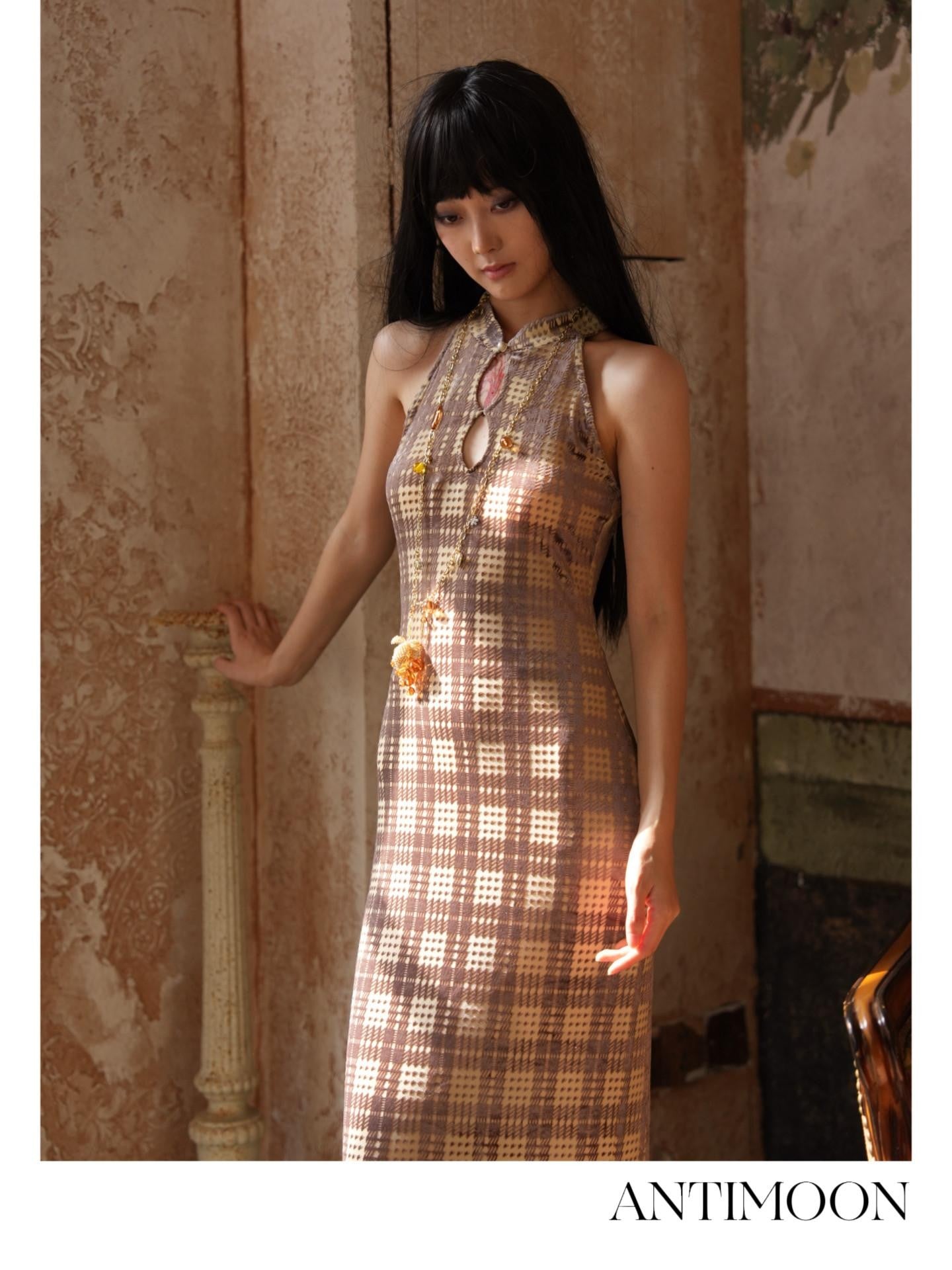 ANTIMOON Vintage Plaid Cheongsam Slim Women's Stretch Polyester Blend Halter Maxi Dresses