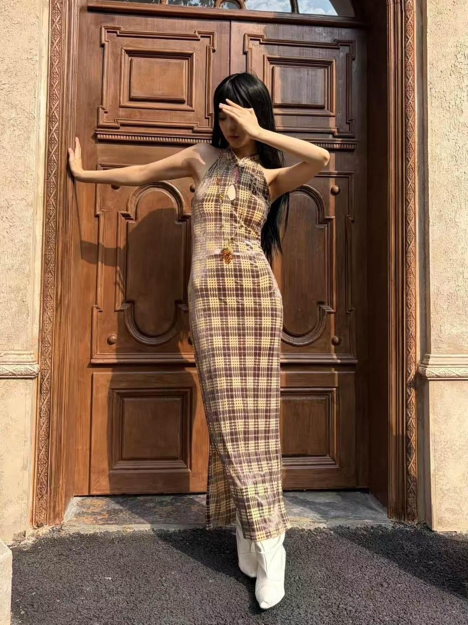 ANTIMOON Vintage Plaid Cheongsam Slim Women's Stretch Polyester Blend Halter Maxi Dresses