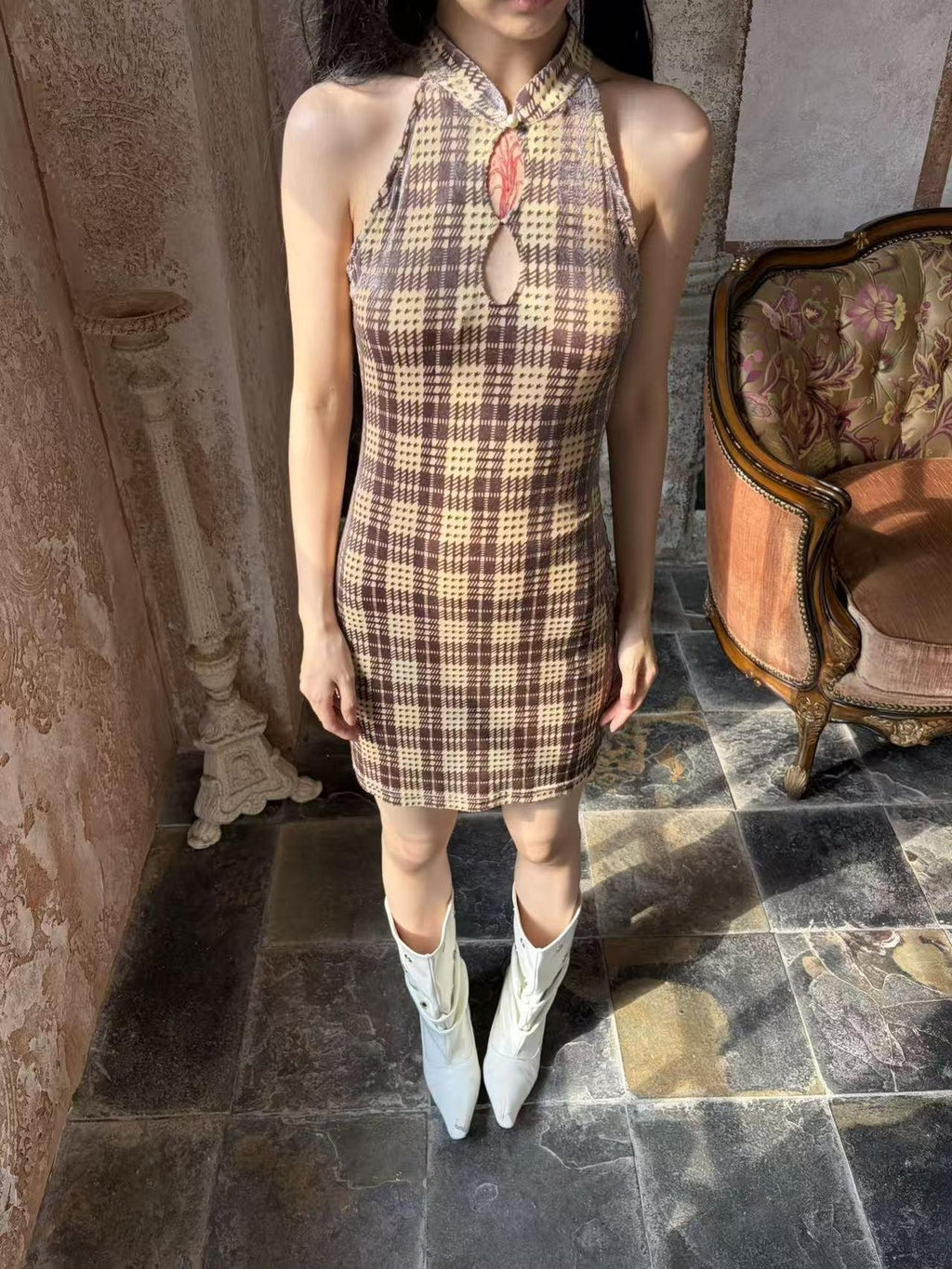 ANTIMOON Vintage Plaid Cheongsam Slim Women's Stretch Polyester Blend Halter Maxi Dresses