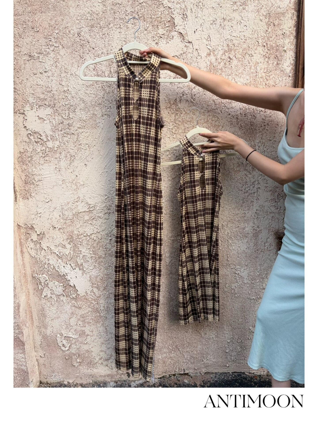 ANTIMOON Vintage Plaid Cheongsam Slim Women's Stretch Polyester Blend Halter Maxi Dresses