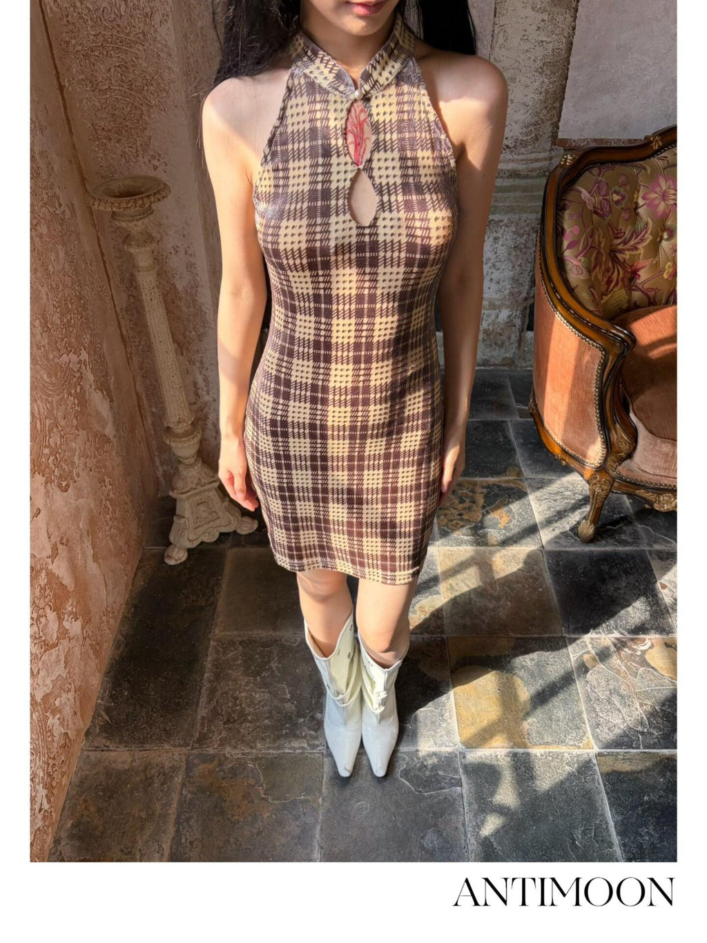 ANTIMOON Vintage Plaid Cheongsam Slim Women's Stretch Polyester Blend Halter Maxi Dresses