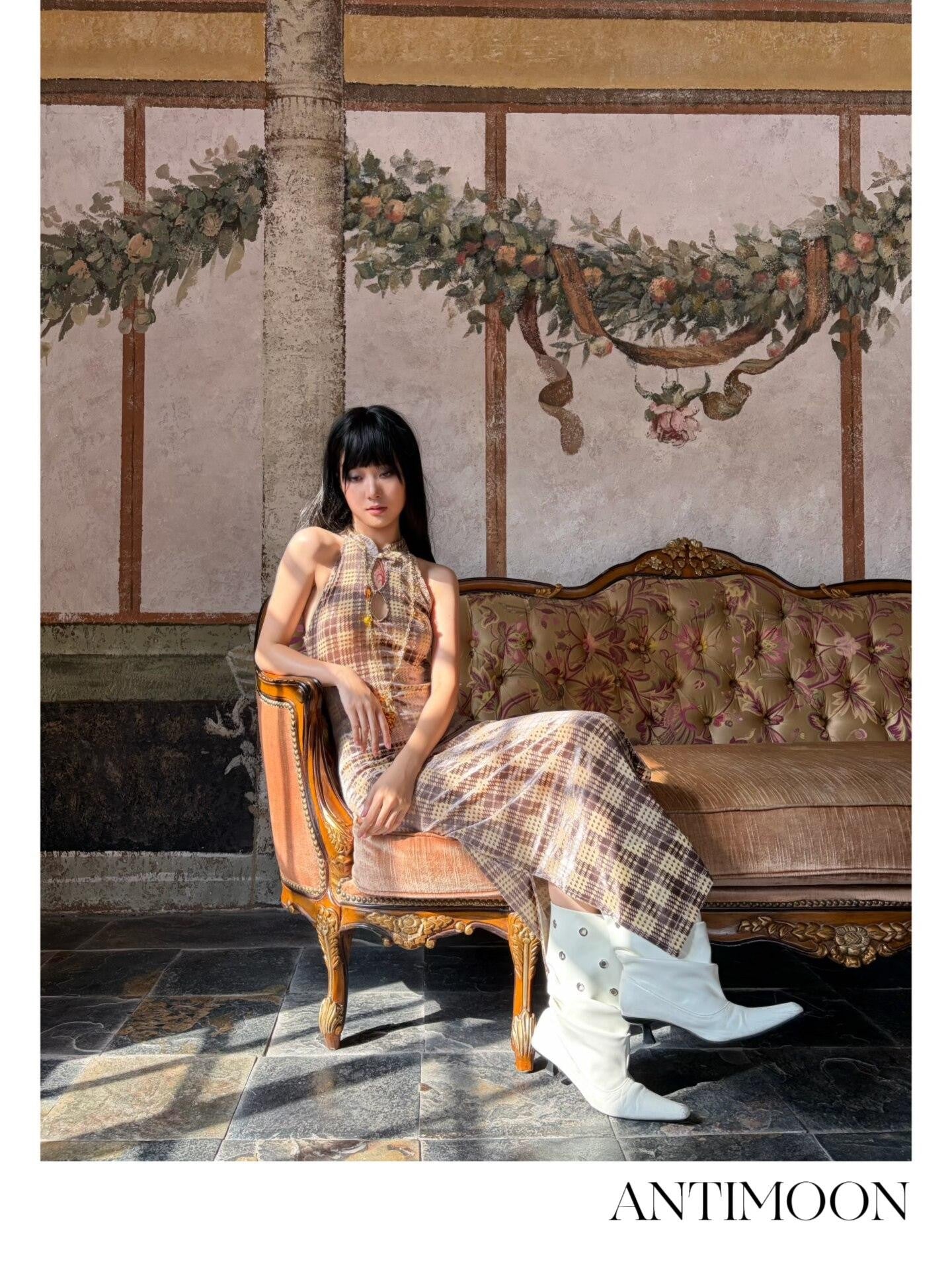 ANTIMOON Vintage Plaid Cheongsam Slim Women's Stretch Polyester Blend Halter Maxi Dresses
